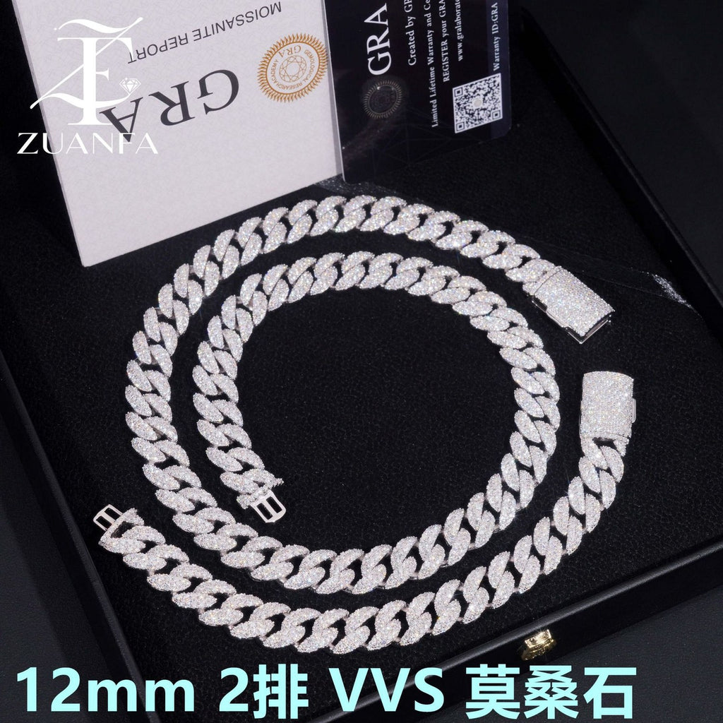 12mm Crescent Iced Cuban Chain — 925 Silver - detail