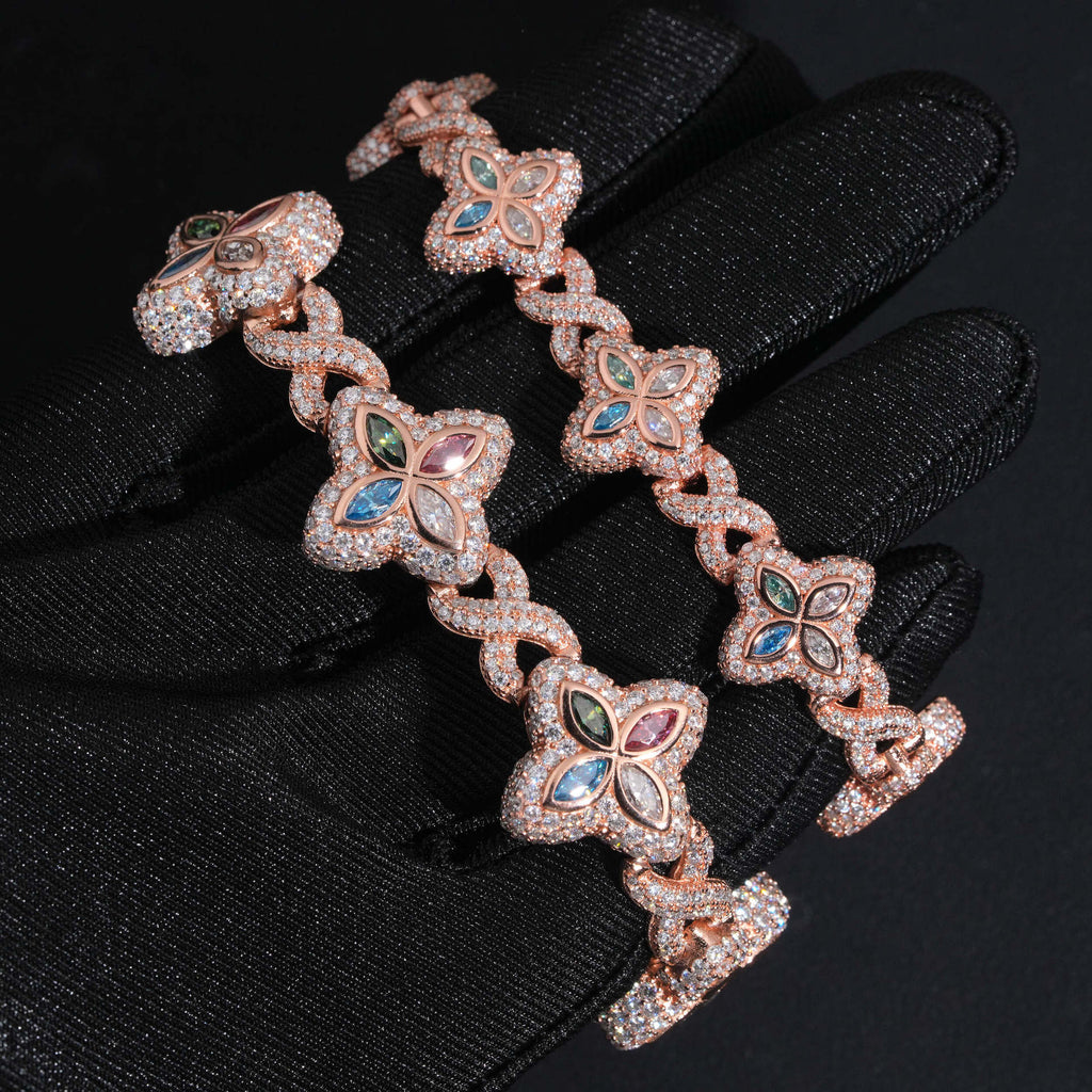 Four-Leaf Clover Iced Cuban Bracelet — 15–19mm - 925 sterling silver moissanite