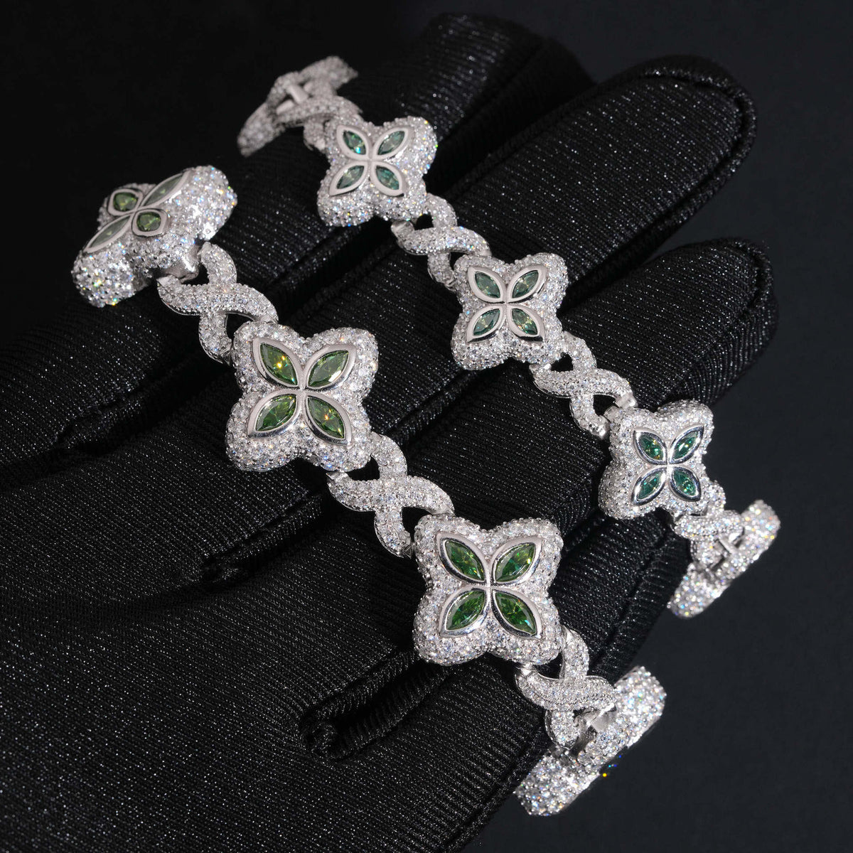 Four-Leaf Clover Iced Cuban Bracelet — 15–19mm - 925 sterling silver moissanite