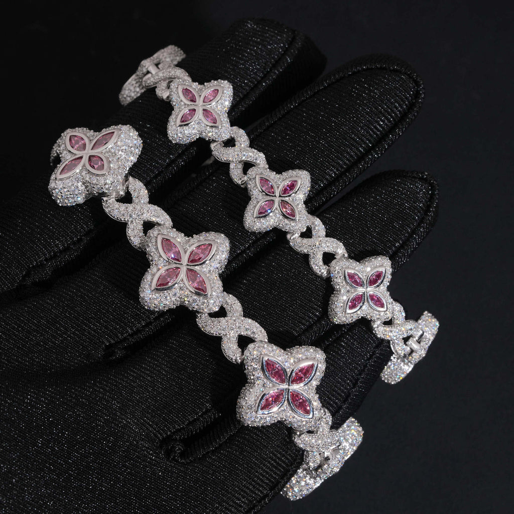 Four-Leaf Clover Iced Cuban Bracelet — 15–19mm - 925 sterling silver moissanite