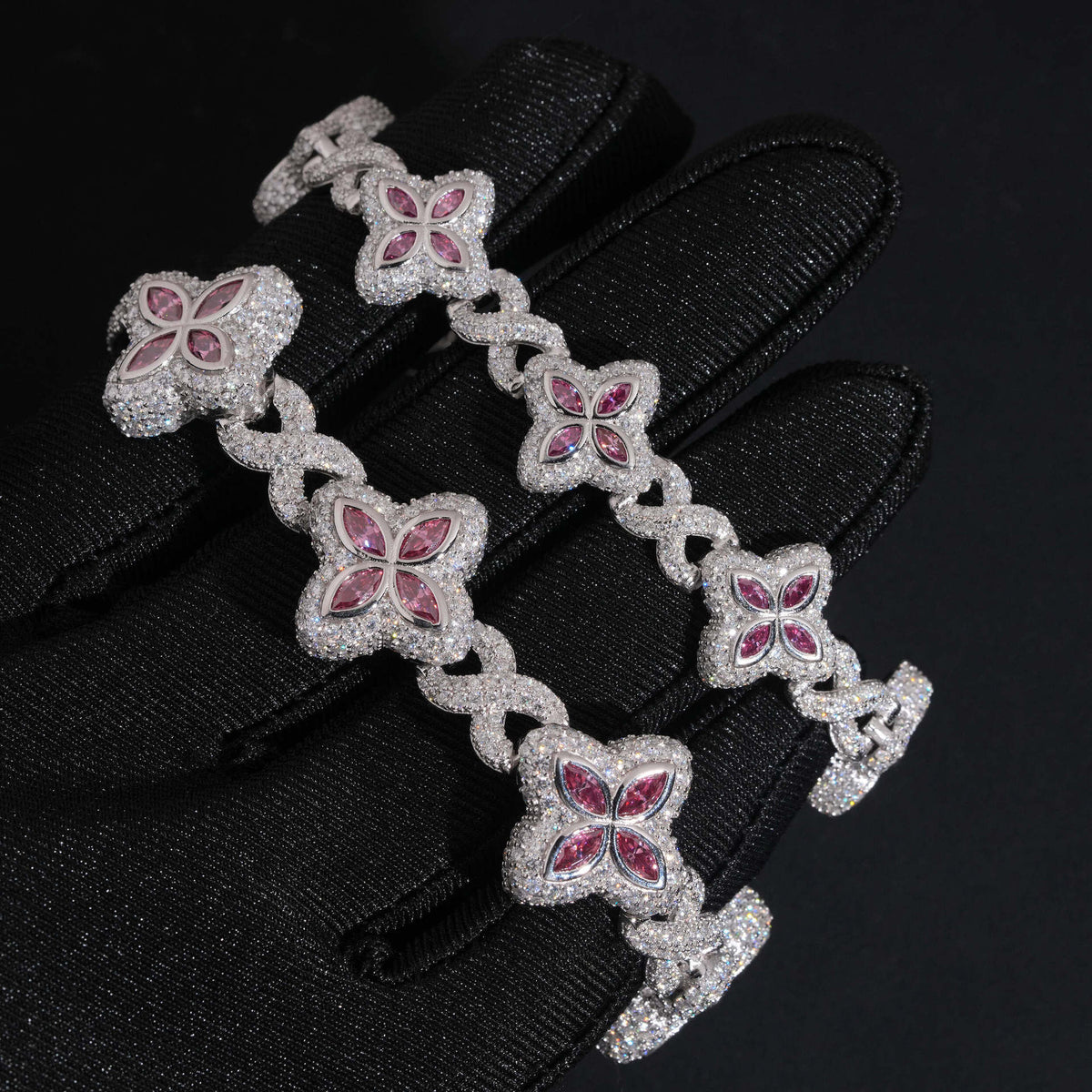 Four-Leaf Clover Iced Cuban Bracelet — 15–19mm - 925 sterling silver moissanite