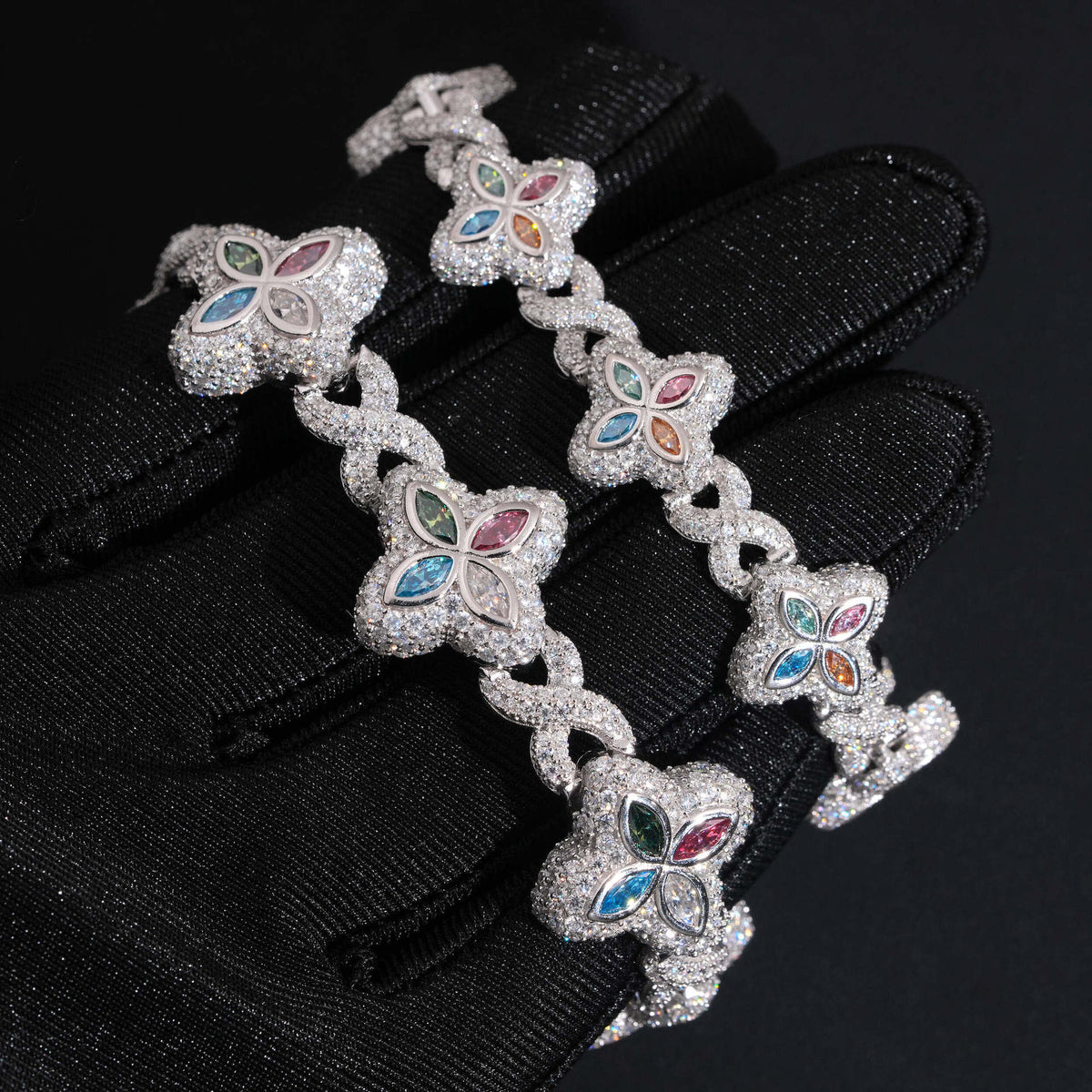Four-Leaf Clover Iced Cuban Bracelet — 15–19mm - 925 sterling silver moissanite