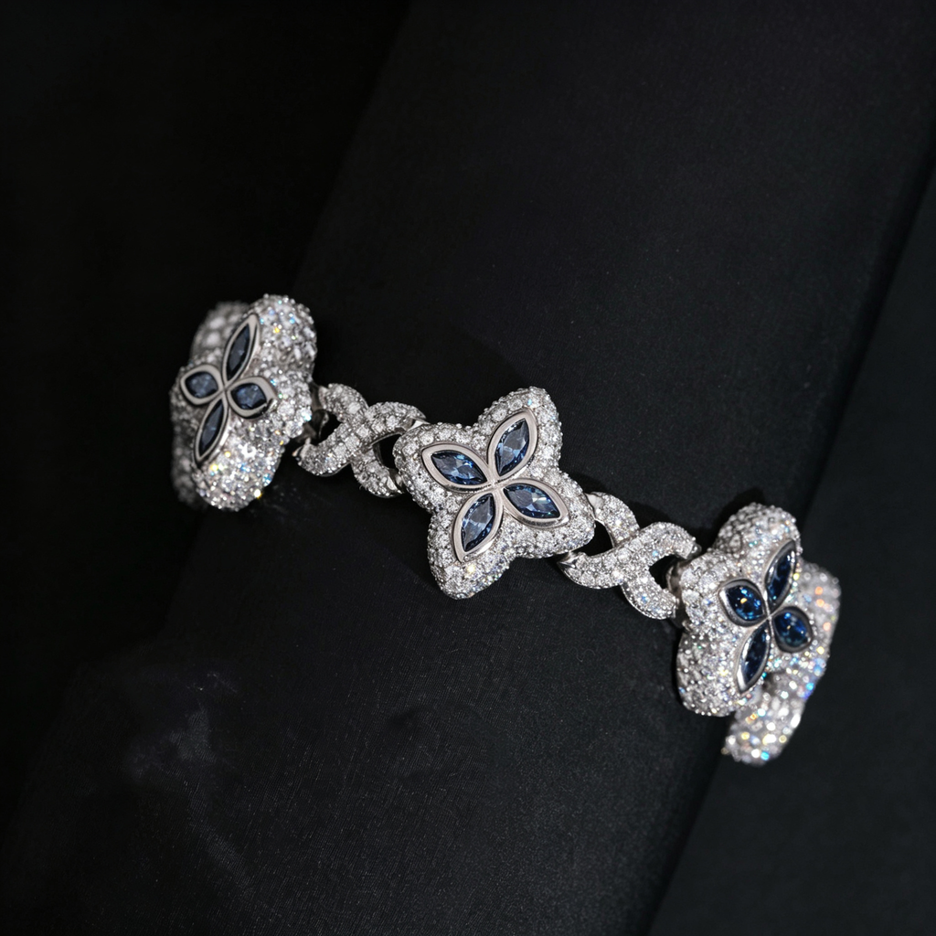 Four-Leaf Clover Iced Cuban Bracelet — 15–19mm - 925 sterling silver moissanite