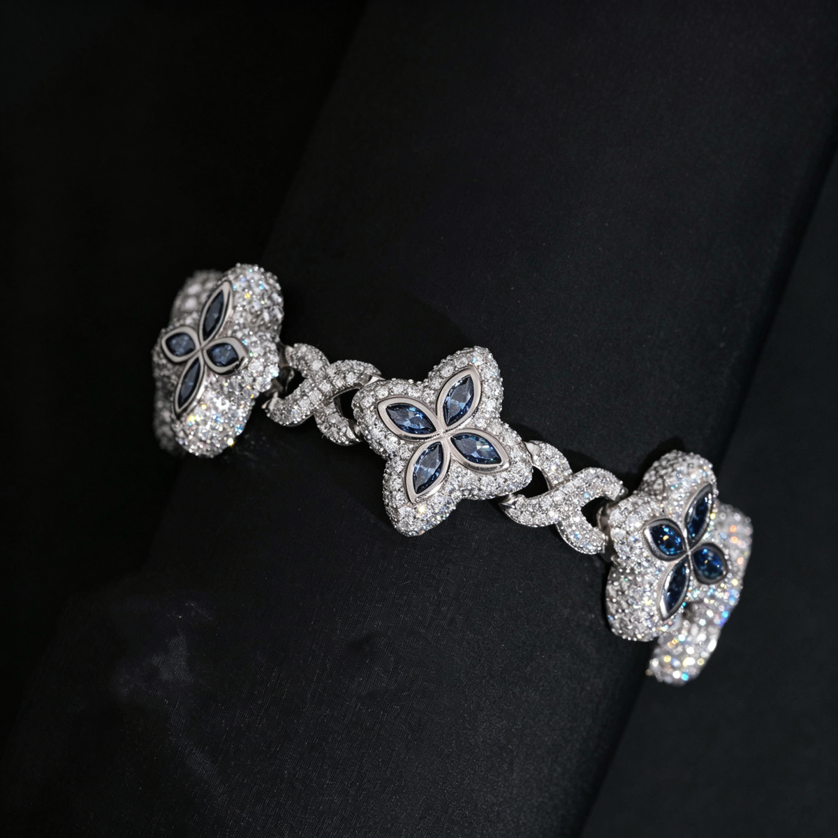 Four-Leaf Clover Iced Cuban Bracelet — 15–19mm - 925 sterling silver moissanite