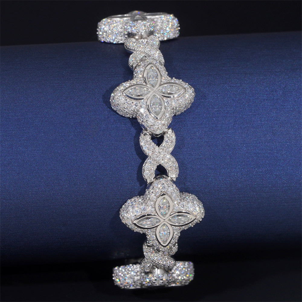 Four-Leaf Clover Iced Cuban Bracelet — 15–19mm - 925 sterling silver moissanite